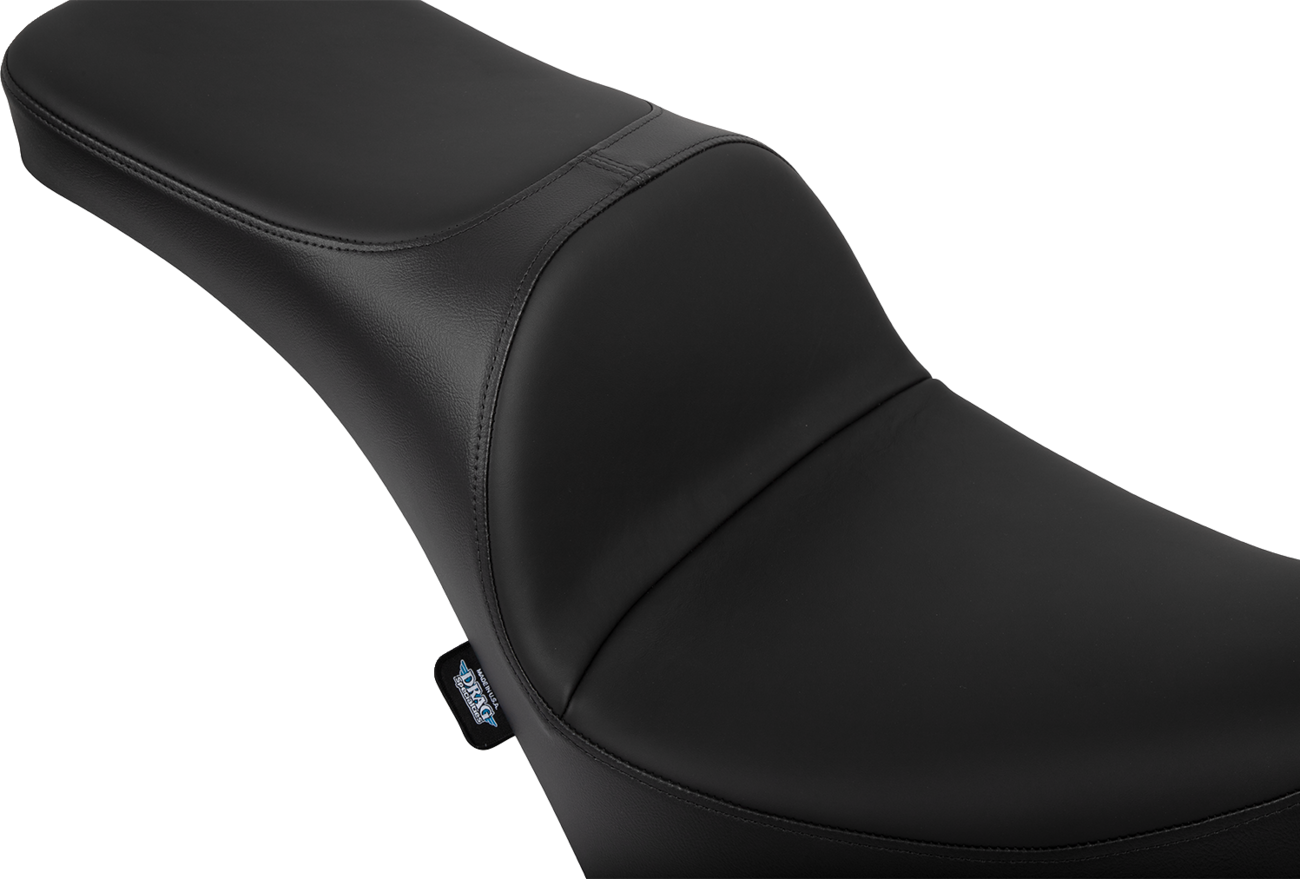 Drago Specialties Freedom Seat in solar leather for Harley FL/FX 2018-2025, front view showing sleek motorcycle seat design.