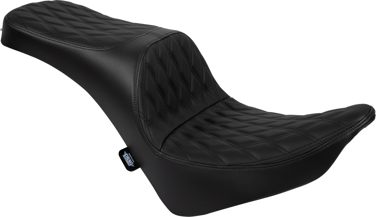 Drag Specialties Freedom Seat for Harley FL/FX 2018-2025 in solar leather with double diamond black stitching, showing the detailed seat design.