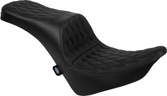 Drag Specialties Freedom Seat for Harley FL/FX 2018-2025 in solar leather with double diamond black stitching, showing the detailed seat design.