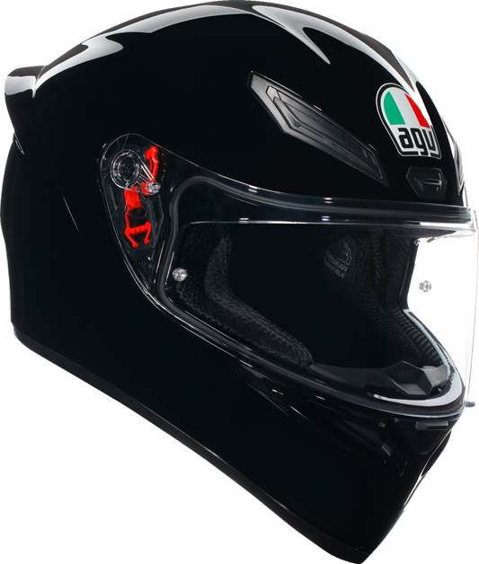 Black AGV K1 S helmet with double D retention, ventilation system, and Pinlock® prepared visor in size XL.
