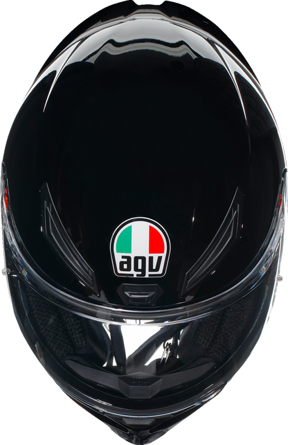 AGV K1 S black motorcycle helmet with double D retention, ventilation system, and Pinlock® insert for fog-resistant vision.
