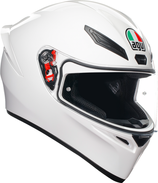 White AGV K1 S motorcycle helmet with ventilation and safety features, shown from the front in size XL.