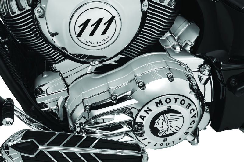 Chrome Kuryakyn transmission cover for Indian motorcycles, part #5696, with detailed design and polished finish.