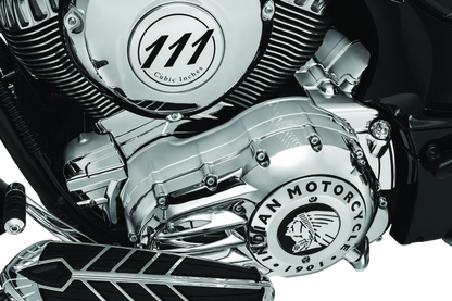 Chrome Kuryakyn transmission cover for Indian motorcycles, part #5696, with detailed design and polished finish.