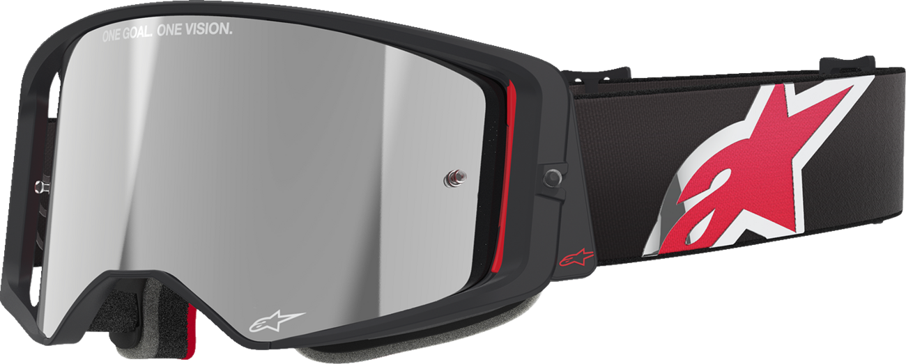 Alpinestars Supertech goggles with silver mirror lens and black/red frame, designed for racing or motocross riding.