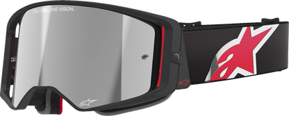 Alpinestars Supertech goggles with silver mirror lens and black/red frame, designed for racing or motocross riding.