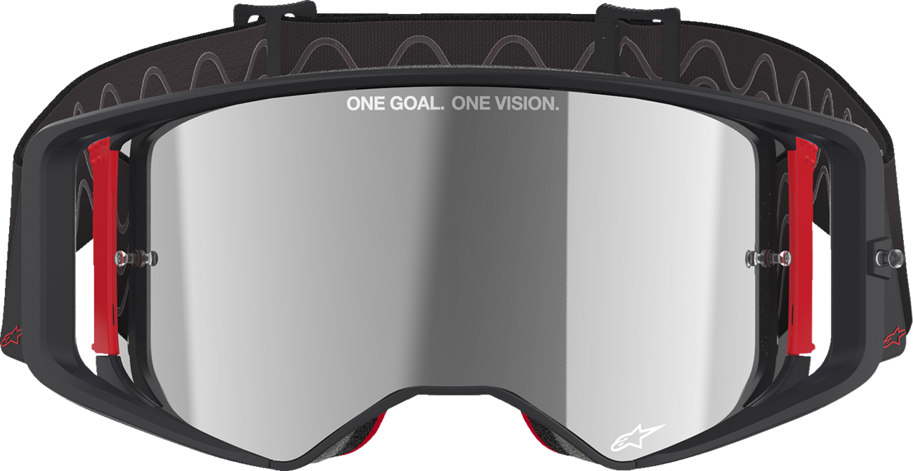 Alpinestars Supertech goggles with silver mirror lens and black/red frame, designed for motocross and off-road riding.