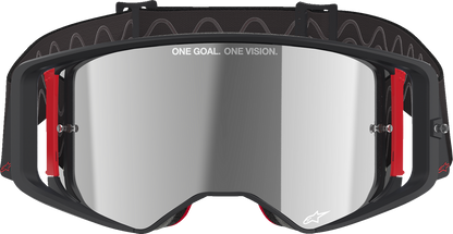 Alpinestars Supertech goggles with silver mirror lens and black/red frame, designed for motocross and off-road riding.
