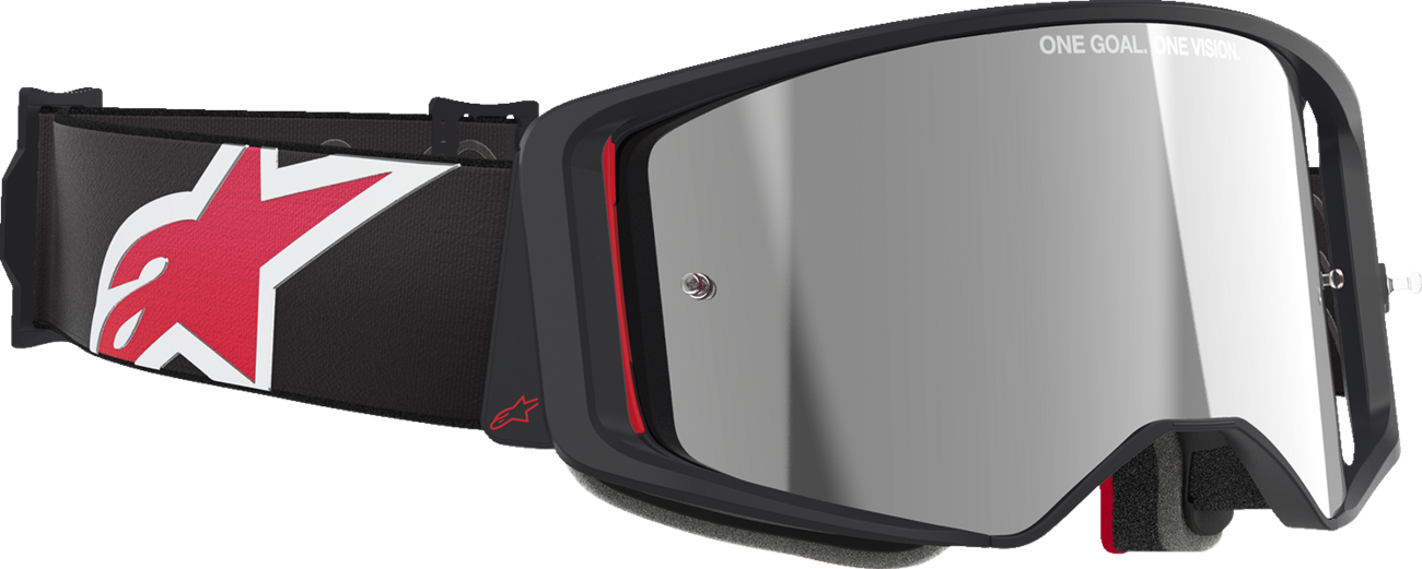 Alpinestars Supertech goggles with silver mirror lens and black/red frame, designed for motocross and off-road riding.