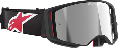 Alpinestars Supertech goggles with silver mirror lens and black/red frame, designed for motocross and off-road riding.