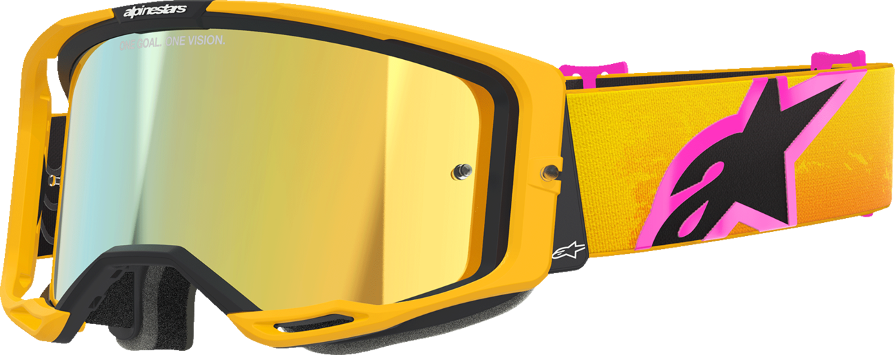 Alpinestars Vision 8 goggles with orange, yellow, and pink frame and gold mirror lens for motocross or racing.