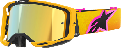 Alpinestars Vision 8 goggles with orange, yellow, and pink frame and gold mirror lens for motocross or racing.