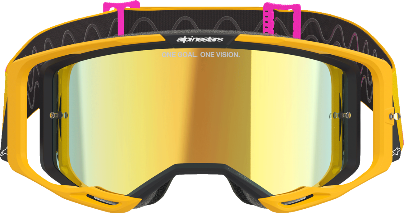 Alpinestars GOGGLES Vision 8 in orange, yellow, and pink with gold mirror lens, featuring a sporty design and adjustable strap.