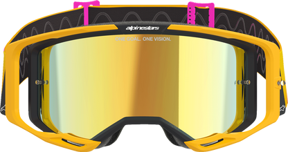 Alpinestars GOGGLES Vision 8 in orange, yellow, and pink with gold mirror lens, featuring a sporty design and adjustable strap.
