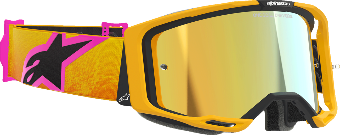 Alpinestars Vision 8 goggles with orange, yellow, pink frame and gold mirror lens, designed for motorcycle or sports use.