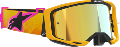 Alpinestars Vision 8 goggles with orange, yellow, pink frame and gold mirror lens, designed for motorcycle or sports use.