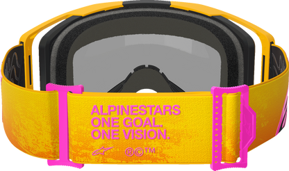 Alpinestars Vision 8 goggles with orange, yellow, and pink frame and gold mirror lens, designed for motocross or racing.