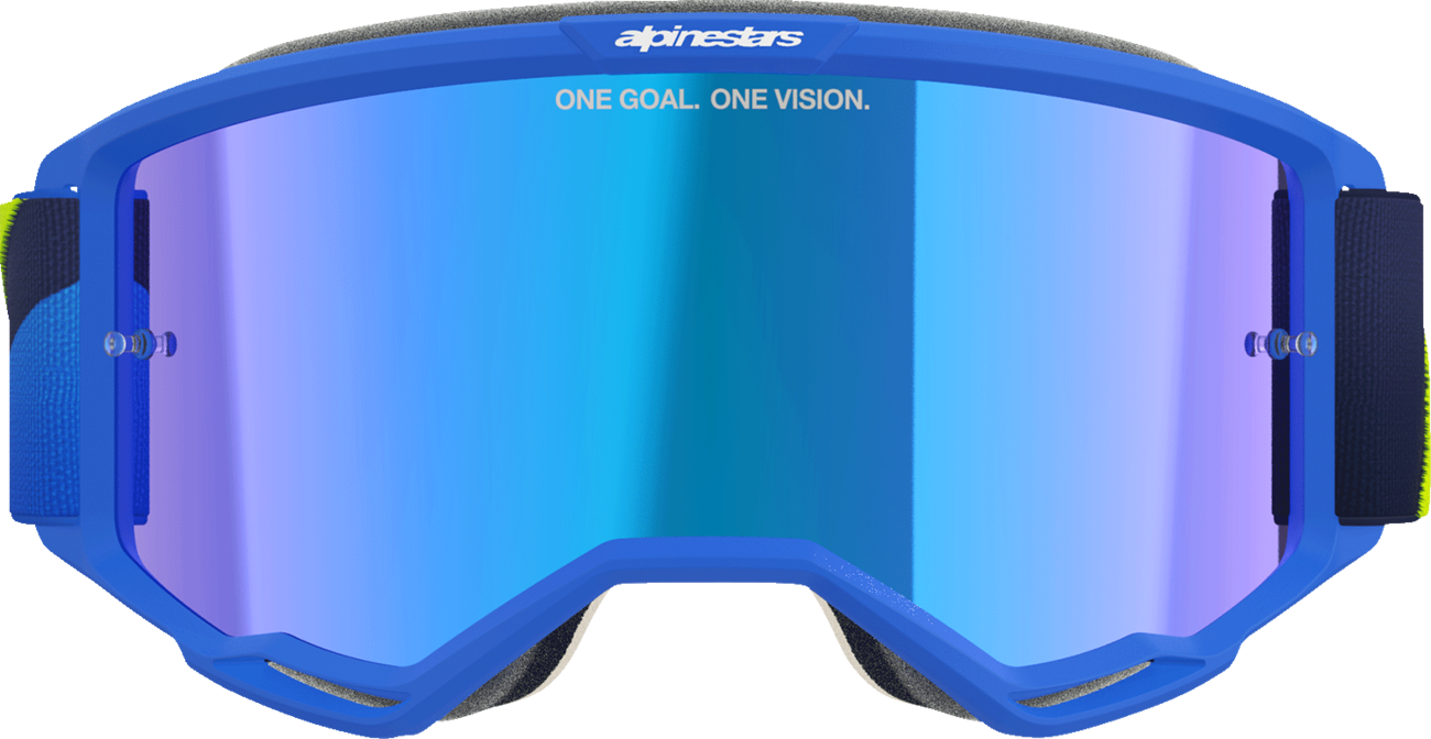 Alpinestars Vision 5 goggles with blue/yellow frame and blue mirror lens, designed for motocross riding.