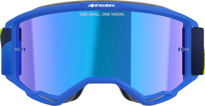 Alpinestars Vision 5 goggles with blue/yellow frame and blue mirror lens, designed for motocross riding.