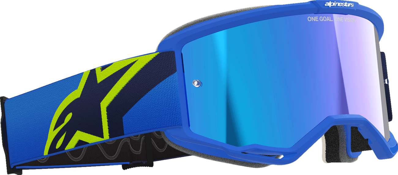 Alpinestars GOGGLES Vision 5 in blue/yellow with a blue mirror lens, featuring a sleek design and adjustable strap.