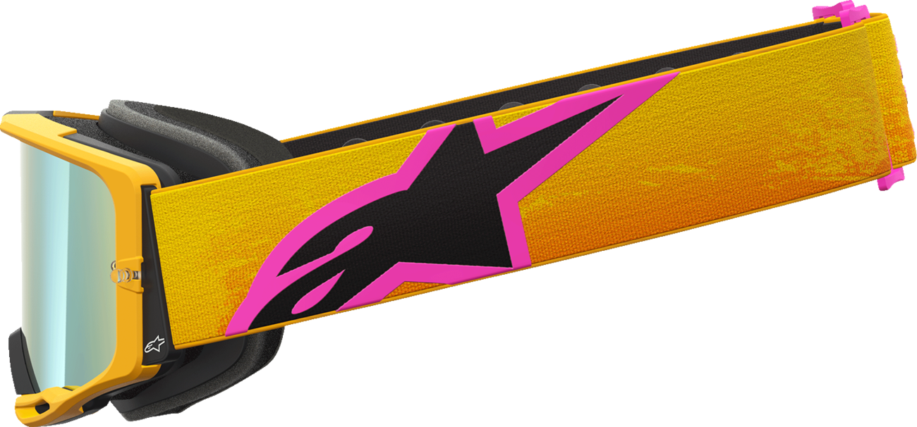 Alpinestars GOGGLES Vision 8 with orange, yellow, pink frame and gold mirror lens for motocross or racing.