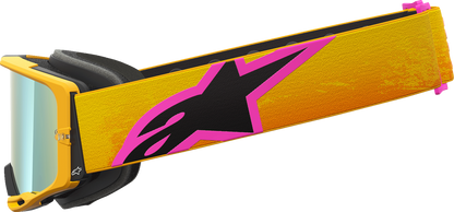 Alpinestars GOGGLES Vision 8 with orange, yellow, pink frame and gold mirror lens for motocross or racing.