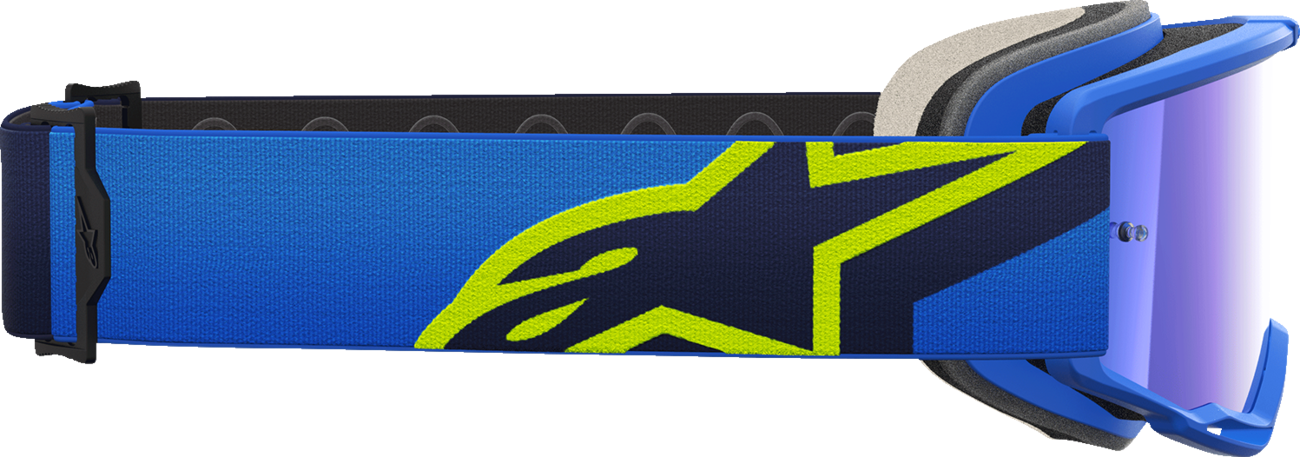 Alpinestars goggles Vision 5 with blue/yellow frame and blue mirror lens, designed for motocross and racing.