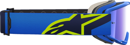 Alpinestars goggles Vision 5 with blue/yellow frame and blue mirror lens, designed for motocross and racing.