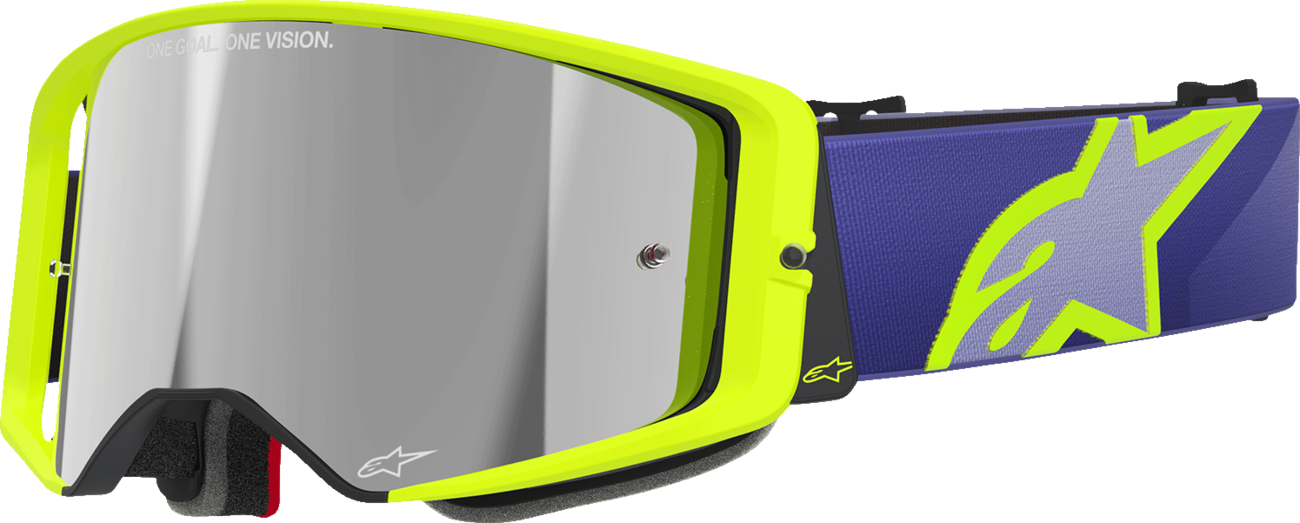 Alpinestars goggles with purple/yellow frame and silver mirror lens, designed for motocross or racing activities.