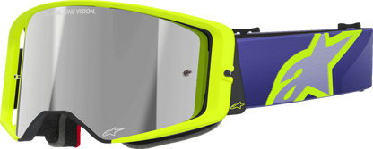 Alpinestars goggles with purple/yellow frame and silver mirror lens, designed for motocross or racing activities.