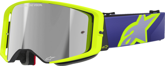 Alpinestars goggles with purple/yellow frame and silver mirror lens, designed for motocross or racing activities.