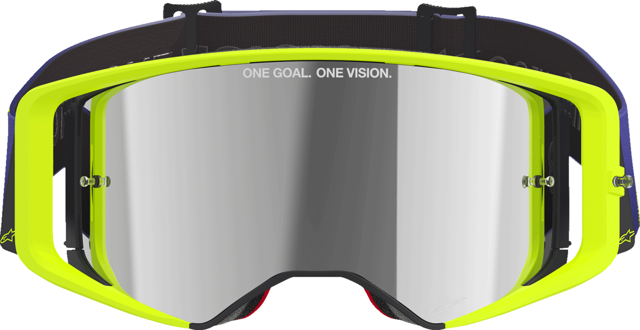 Alpinestars Supertech goggles with purple/yellow frame and silver mirror lens for motocross and racing.