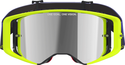 Alpinestars Supertech goggles with purple/yellow frame and silver mirror lens for motocross and racing.