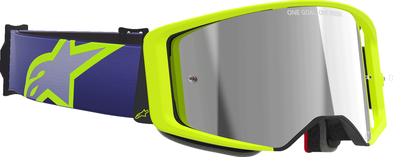 Alpinestars GOGGLES Supertech goggles with purple/yellow frame and silver mirror lens, designed for motorcycling or racing.