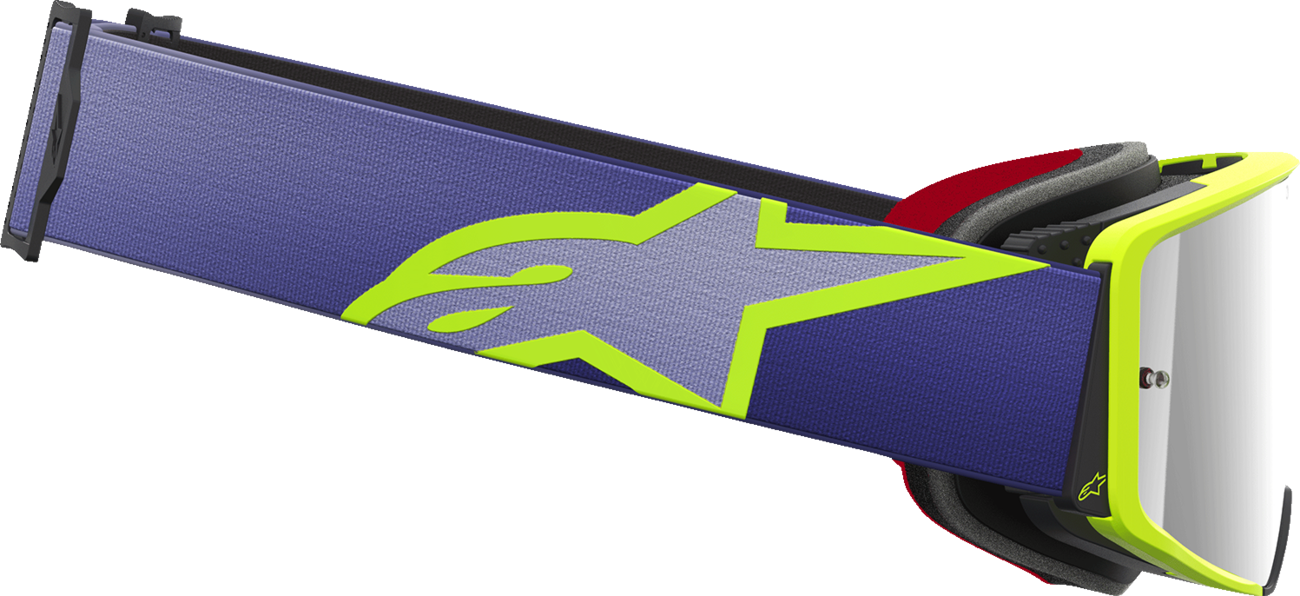 Alpinestars GOGGLES Supertech goggles with purple/yellow frame and silver mirror lens for motorcycle riding.