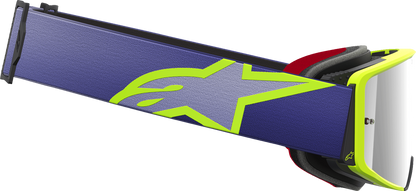 Alpinestars GOGGLES Supertech goggles with purple/yellow frame and silver mirror lens for motorcycle riding.