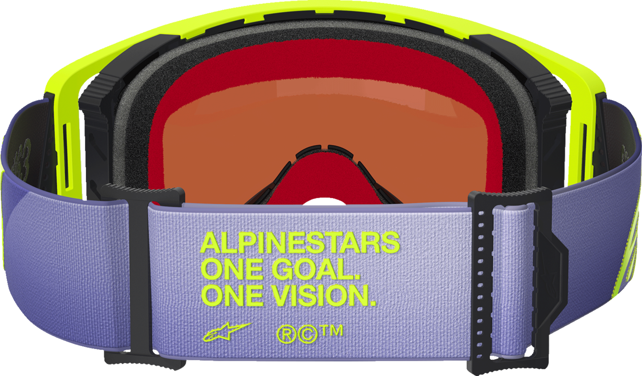 Alpinestars GOGGLES Supertech goggles with purple/yellow frame and silver mirror lens for motocross or racing.