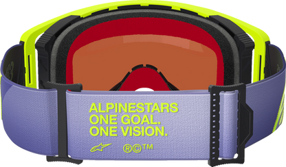 Alpinestars GOGGLES Supertech goggles with purple/yellow frame and silver mirror lens for motocross or racing.