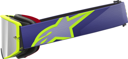 Alpinestars Gogglessupertech goggles with purple/yellow frame and silver mirror lens for motocross or racing.