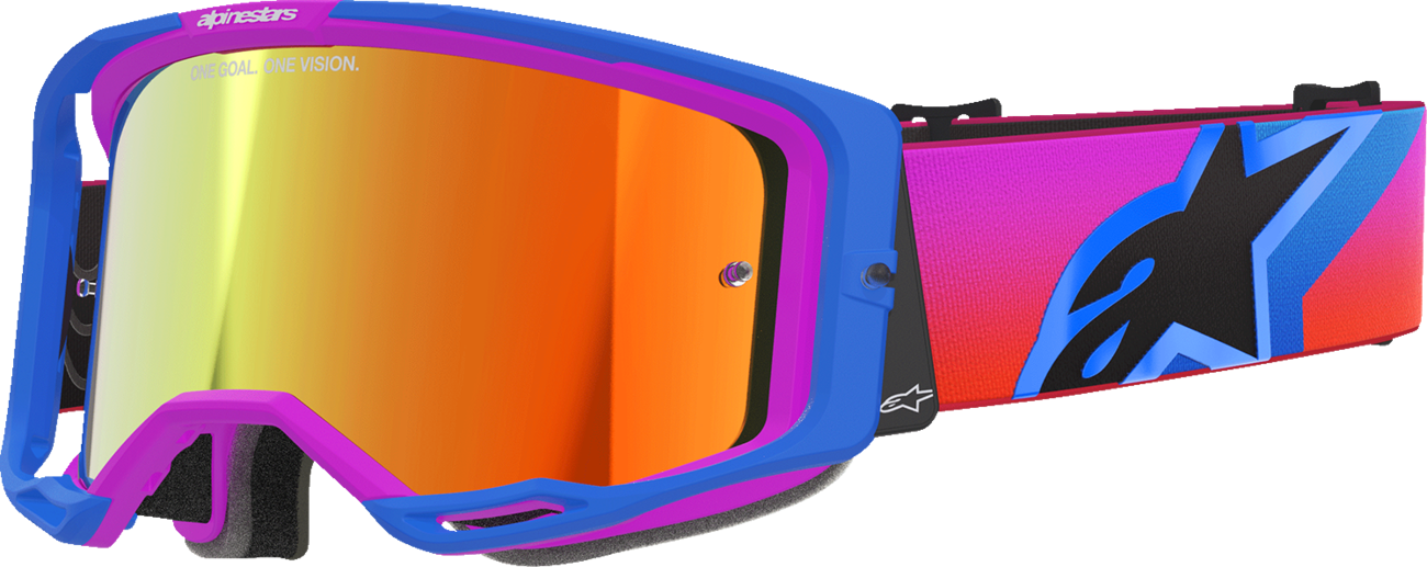 Alpinestars GOGGLES Vision 8 with blue, purple, orange frame and red mirror lens, designed for motocross or racing.