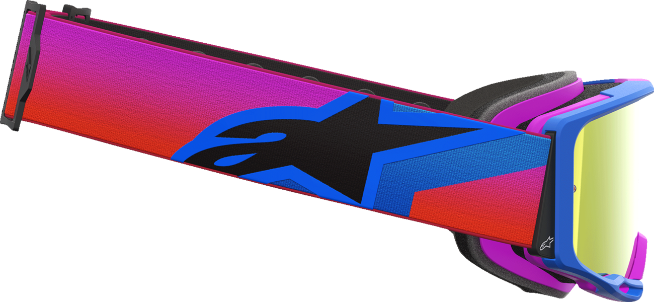 Alpinestars Vision 8 goggles with blue, purple, orange frame and red mirror lens, designed for motocross or off-road riding.