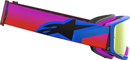 Alpinestars Vision 8 goggles with blue, purple, orange frame and red mirror lens, designed for motocross or off-road riding.