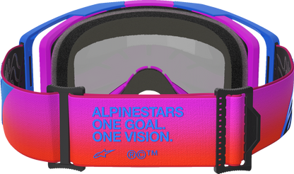 Alpinestars GOGGLES Vision 8 with blue, purple, and orange frame and red mirror lens for motocross and off-road riding.