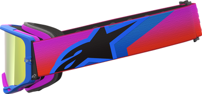 Alpinestars Vision 8 goggles with blue, purple, orange frame and red mirror lens, designed for motocross or off-road riding.