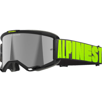 Alpinestars Vision 5 Goggle with charcoal/yellow fluo frame and silver mirror lens, designed for motocross or off-road riding.