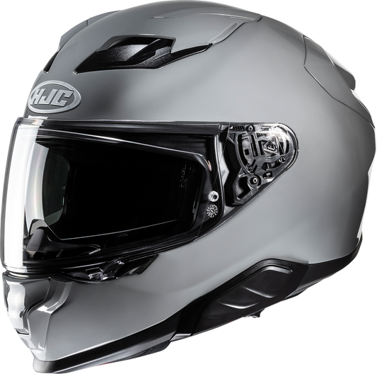 HJC F71 solid gray motorcycle helmet with Bluetooth and sun visor, shown in small size, featuring sleek design and ventilation.