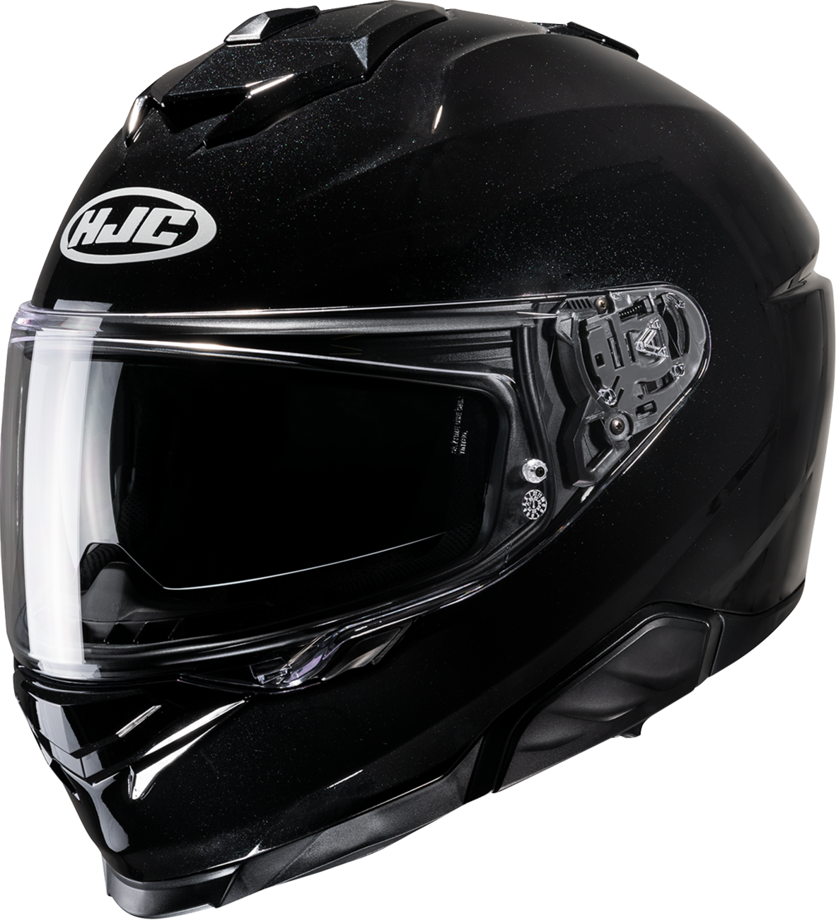 HJC i71 helmet in solid black with advanced ventilation and sun visor, small size, shown from the front side.