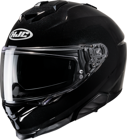 HJC i71 helmet in solid black with advanced ventilation and sun visor, small size, shown from the front side.