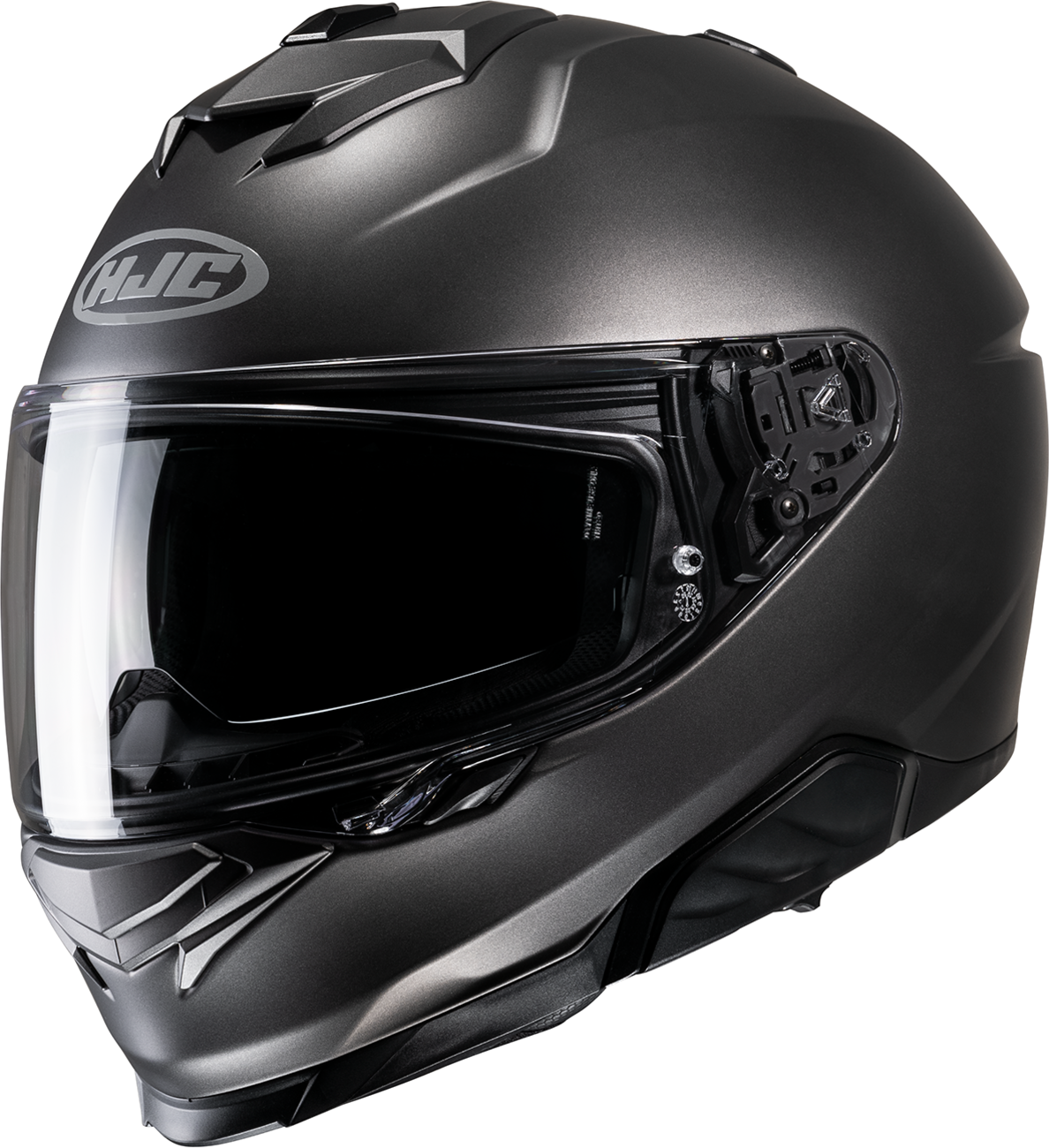 HJC i71 helmet in solid semi-flat titanium finish, small size, featuring aerodynamic design and secure chin strap