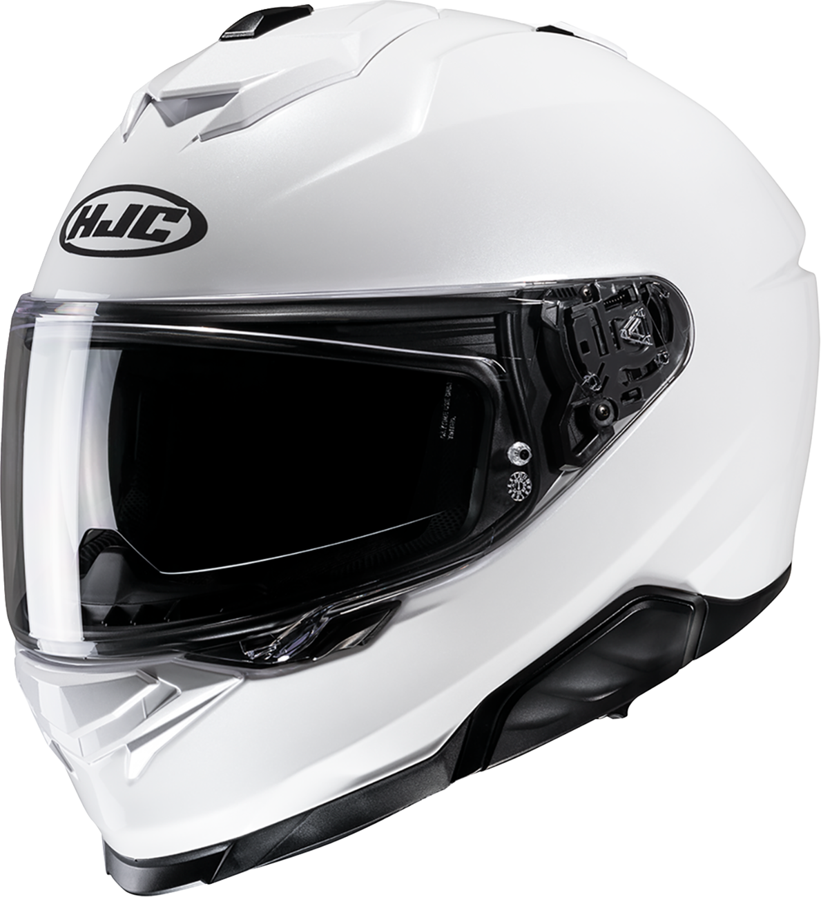 HJC i71 solid white helmet with advanced ventilation and smart Bluetooth compatibility, size XS, shown from side angle.